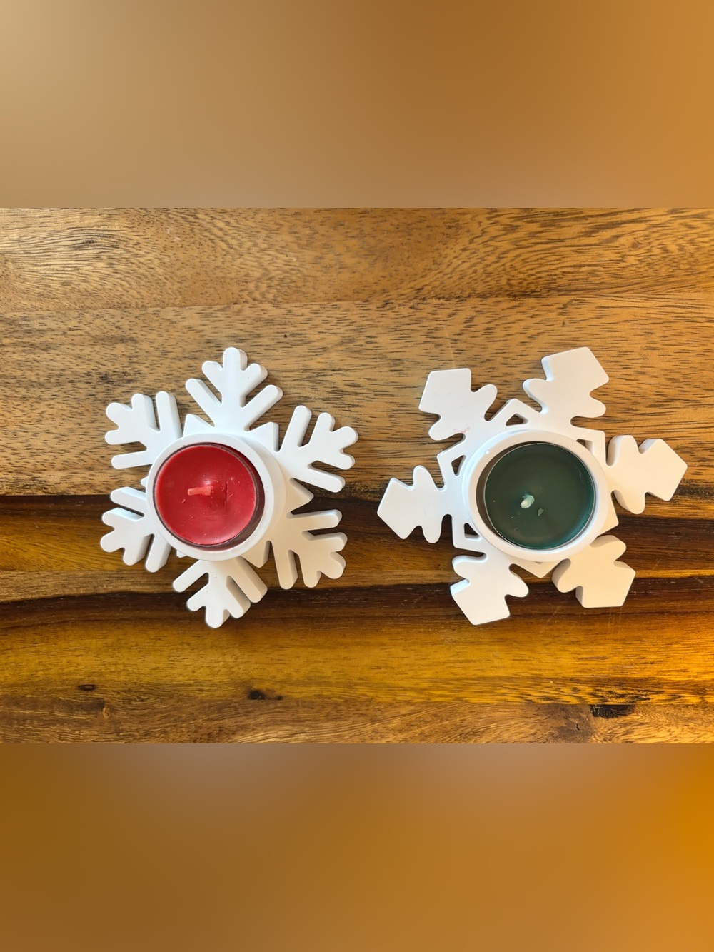 White Snowflake Tea Light Candle Holders with Red and Green Candles